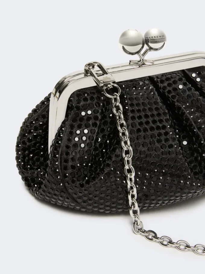 Rhinestone-adorned small satin pasticcino bag, dark grey