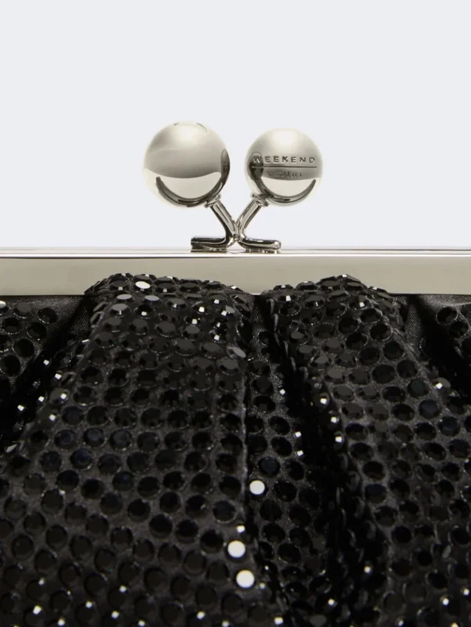 Rhinestone-adorned small satin pasticcino bag, dark grey