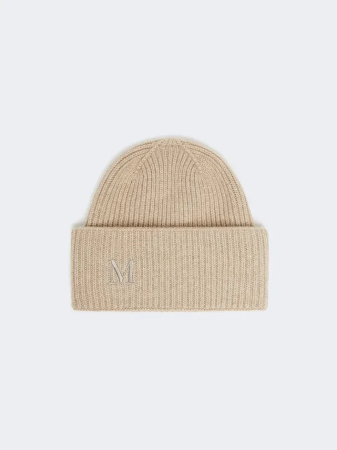 Rib-knit cashmere beanie hat, beige