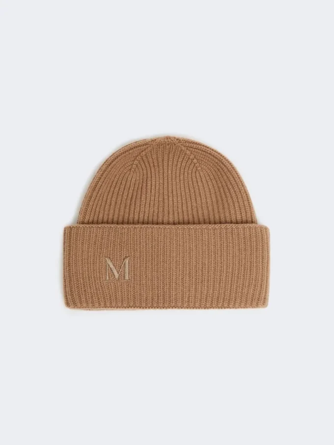 Rib-knit cashmere beanie hat, camel