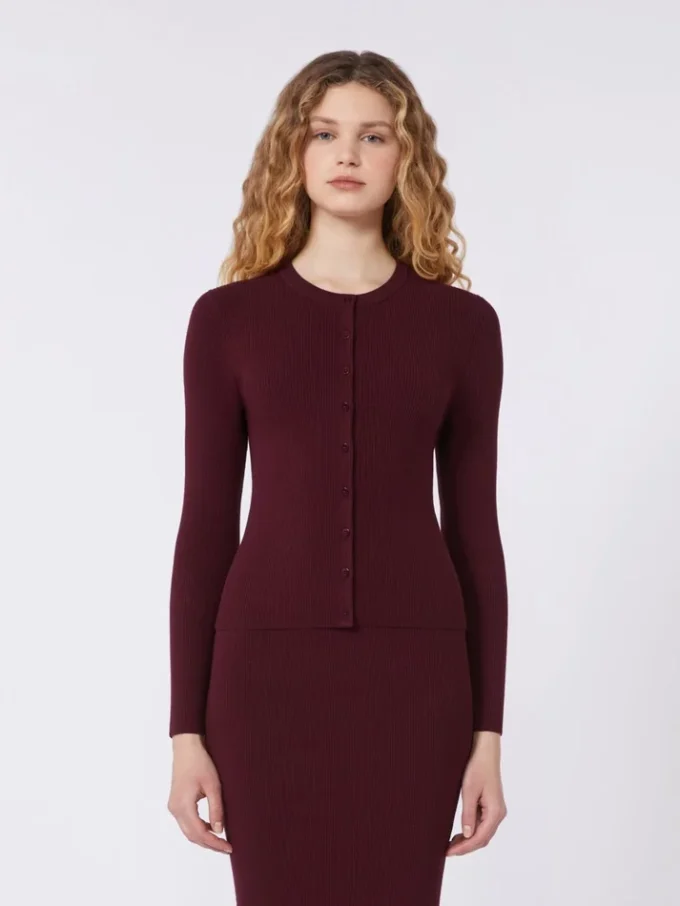 Rib-knit viscose cardigan, bordeaux