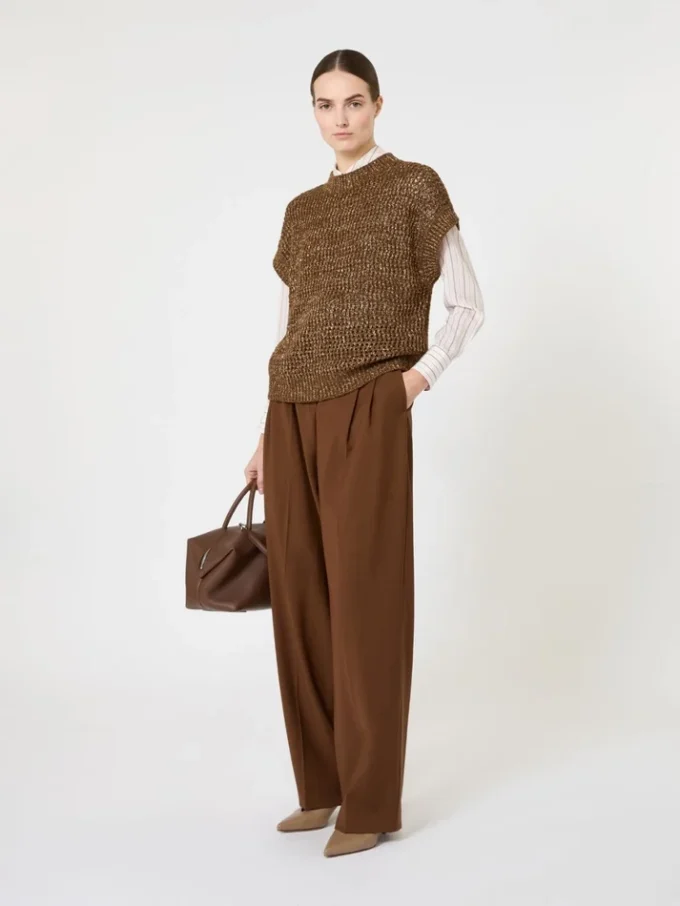 Sequin-adorned mesh-knit cotton sweater, hazelnut brown