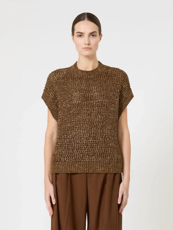 Sequin-adorned mesh-knit cotton sweater, hazelnut brown