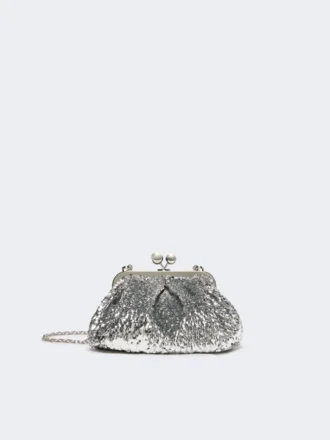 Sequin-adorned small satin pasticcino bag, silver