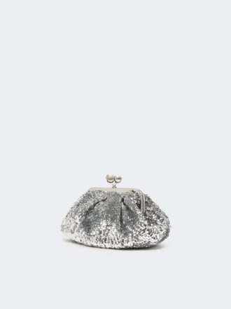 Sequin-adorned small satin pasticcino bag, silver