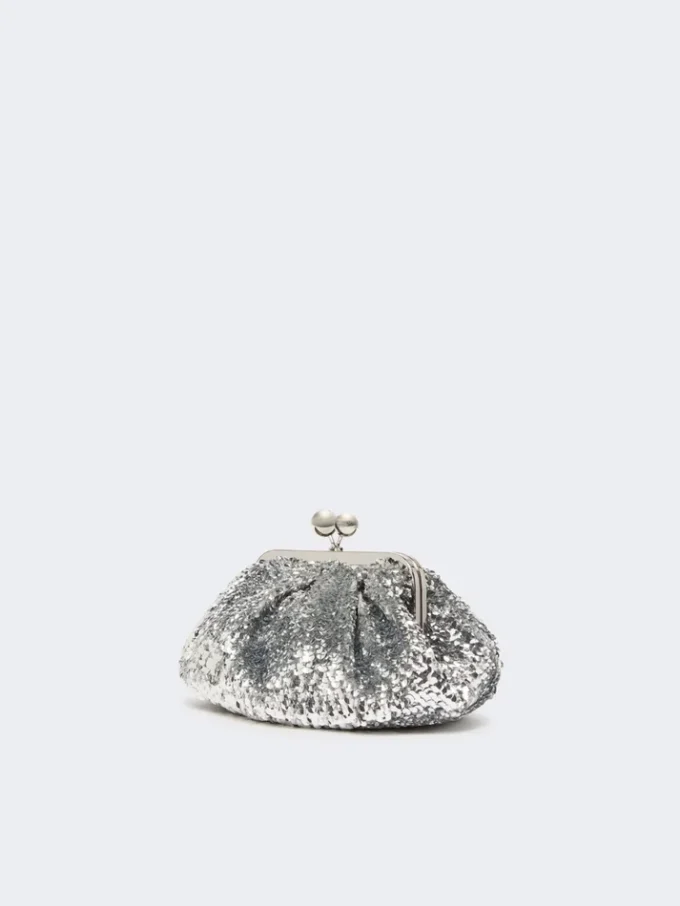 Sequin-adorned small satin pasticcino bag, silver