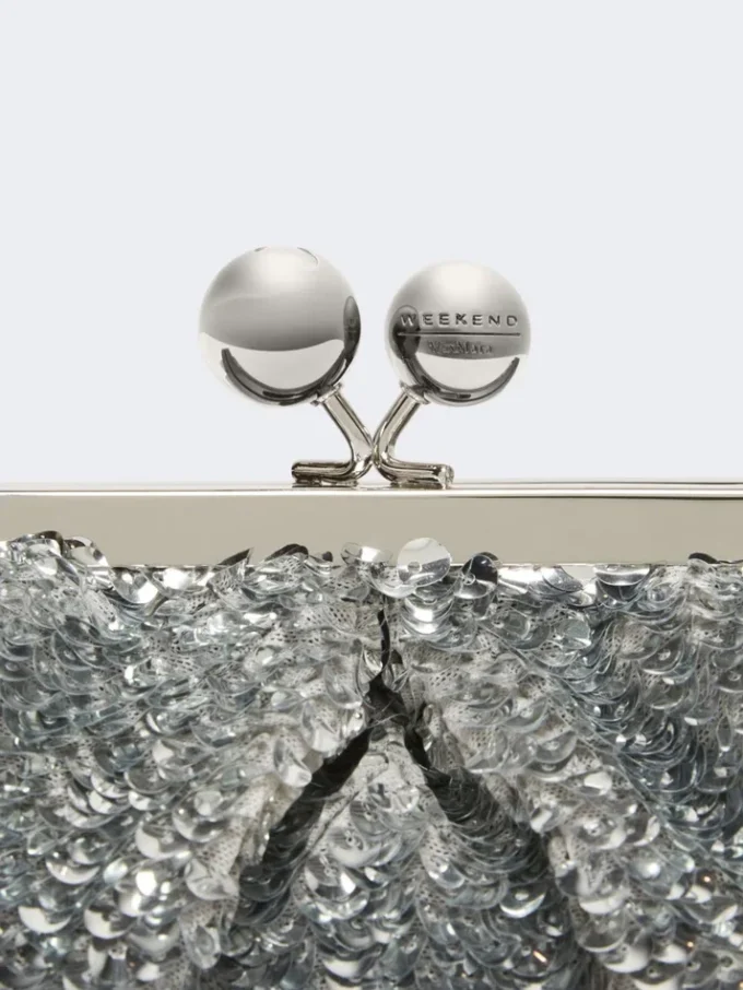 Sequin-adorned small satin pasticcino bag, silver