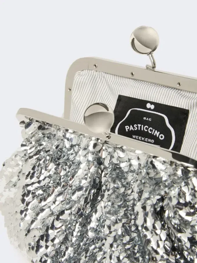 Sequin-adorned small satin pasticcino bag, silver