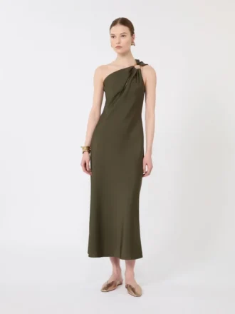 Shiny satin one-shoulder dress, moss green