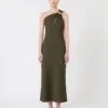 Shiny satin one-shoulder dress, moss green