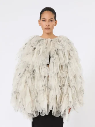 Short overcoat with petals in printed organza, pearl grey