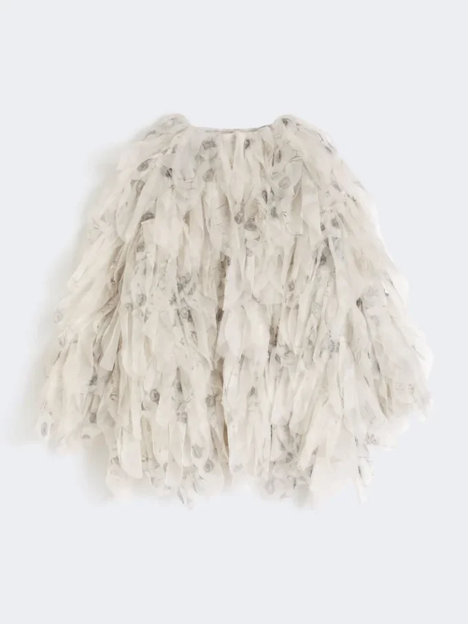 Short overcoat with petals in printed organza, pearl grey