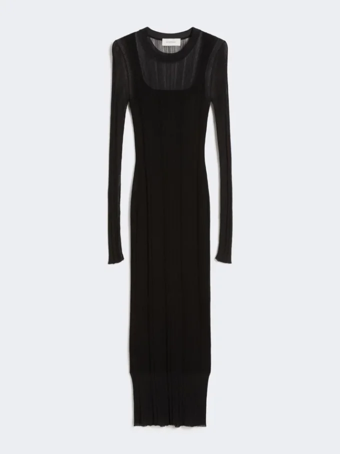 Short-sleeved stretch viscose dress, black