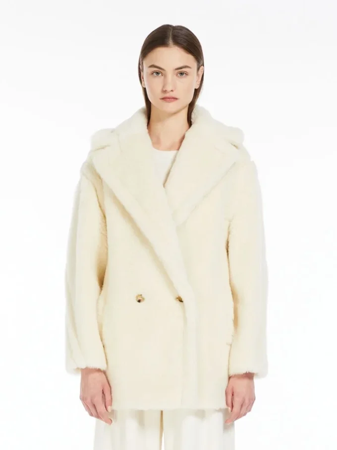 Short teddy bear icon coat in alpaca and wool, white