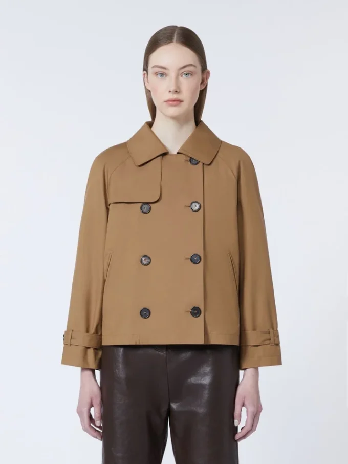 Short water-repellent twill trench coat, brown
