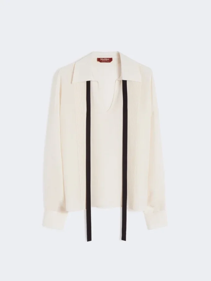 Silk blouse with bow tie, beige