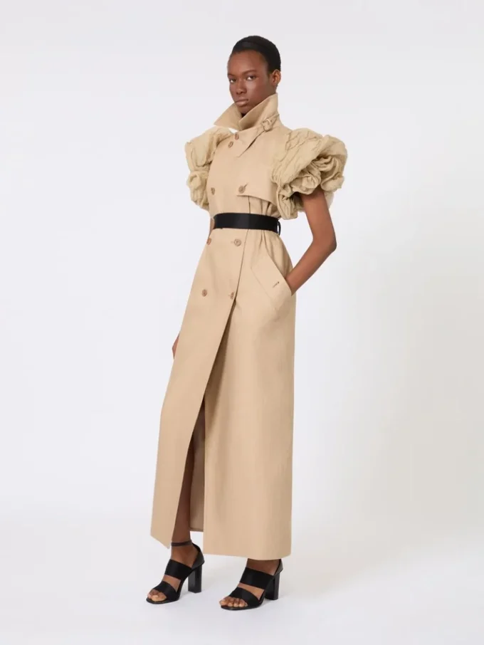 Sleeveless duster coat in linen basketweave with ruffles, camel