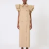 Sleeveless duster coat in linen basketweave with ruffles, camel