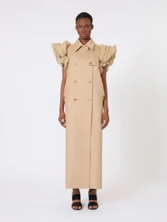 Sleeveless duster coat in linen basketweave with ruffles, camel