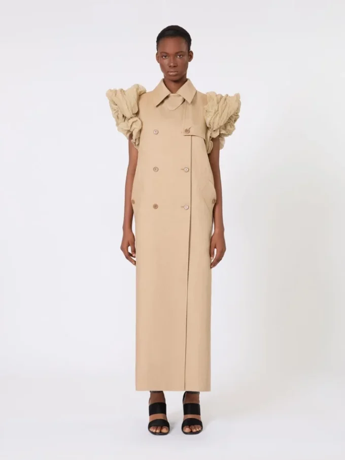 Sleeveless duster coat in linen basketweave with ruffles, camel