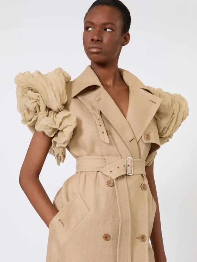 Sleeveless duster coat in linen basketweave with ruffles, camel