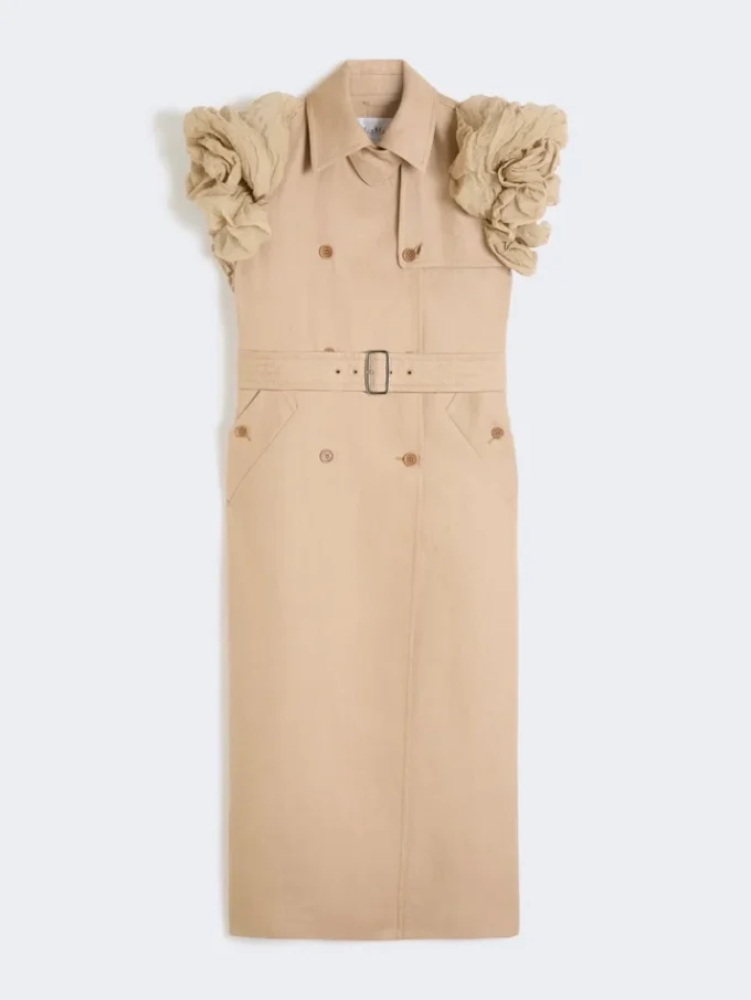 Sleeveless duster coat in linen basketweave with ruffles, camel