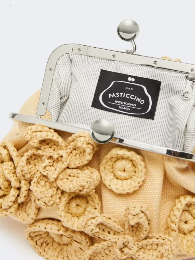 Small raffia-effect pasticcino bag with flowers, beige