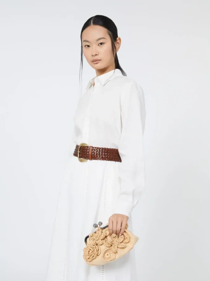 Small raffia-effect pasticcino bag with flowers, beige