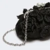 Small raffia-effect pasticcino bag with flowers, black Small raffia-effect pasticcino bag with flowers, black