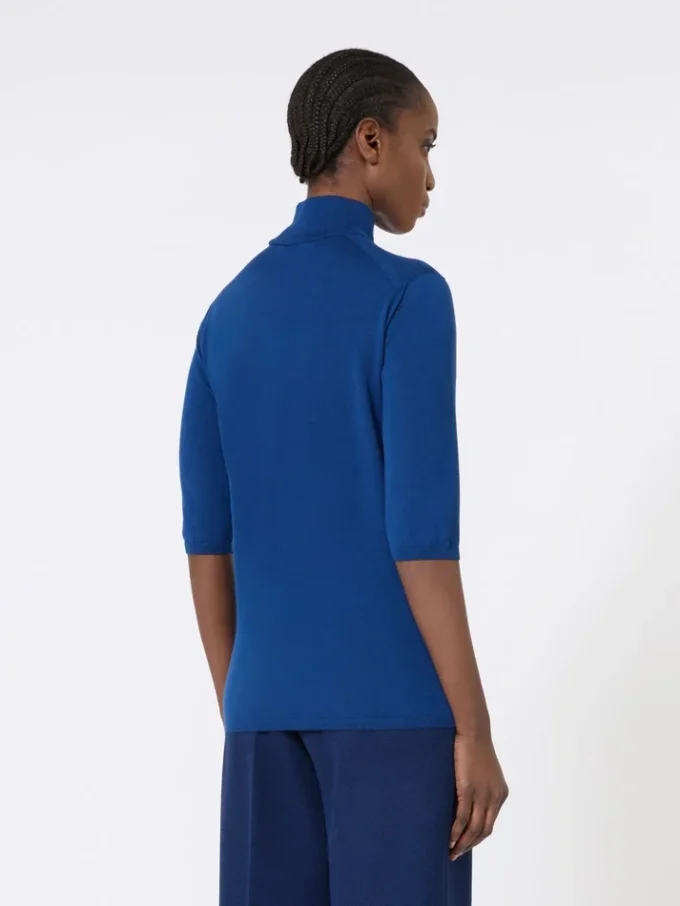 Stockinette-stitched wool polo-neck sweater, china blue