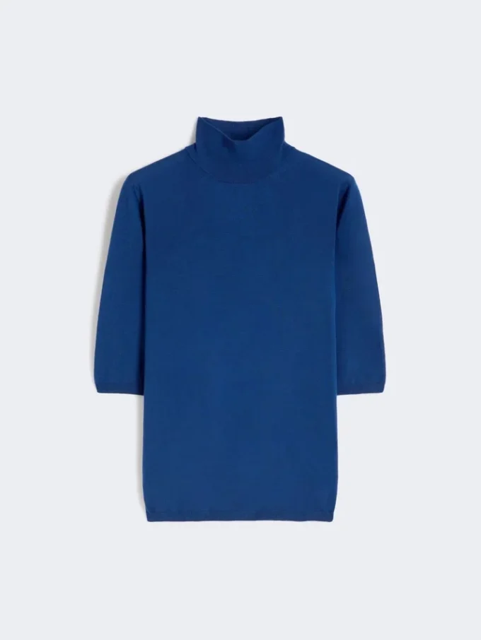 Stockinette-stitched wool polo-neck sweater, china blue