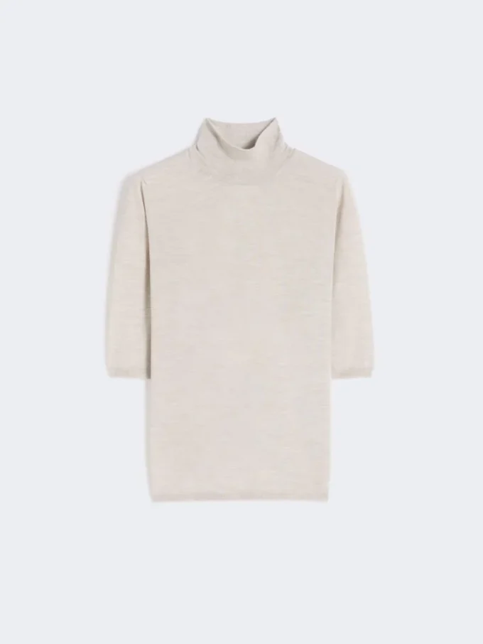 Stockinette-stitched wool polo-neck sweater, powder