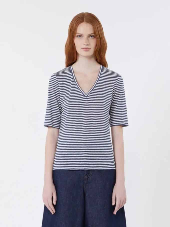 Stretch linen jersey v-neck t-shirt, ultramarine