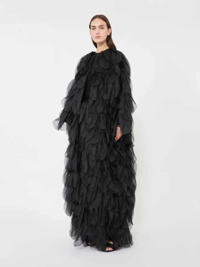 Long skirt with petals in silk organza, black
