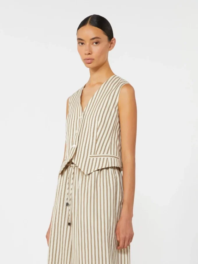 Striped cotton and silk canvas gilet, beige