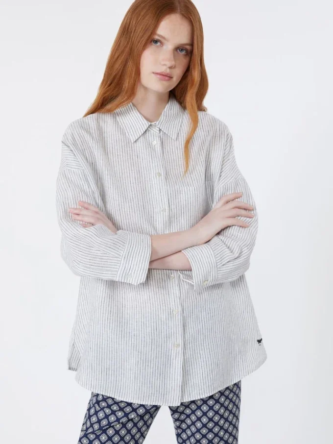 Striped linen canvas shirt, navy