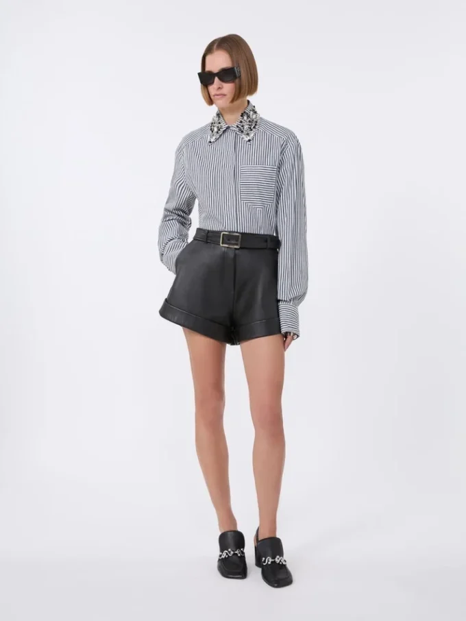 Striped poplin cropped shirt, black