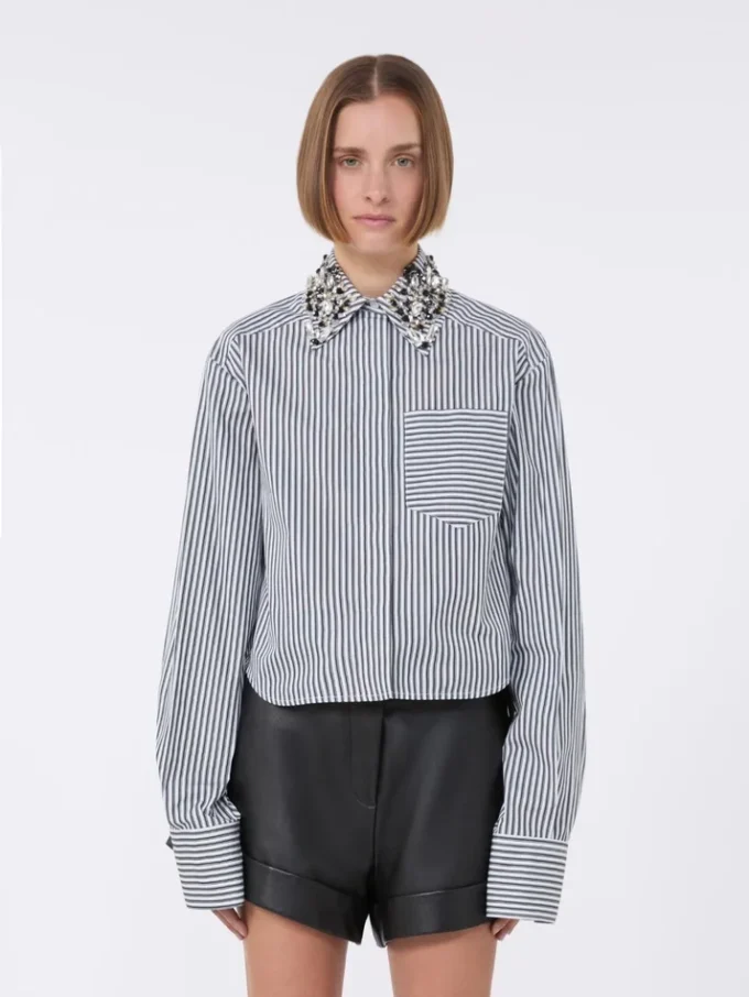 Striped poplin cropped shirt, black
