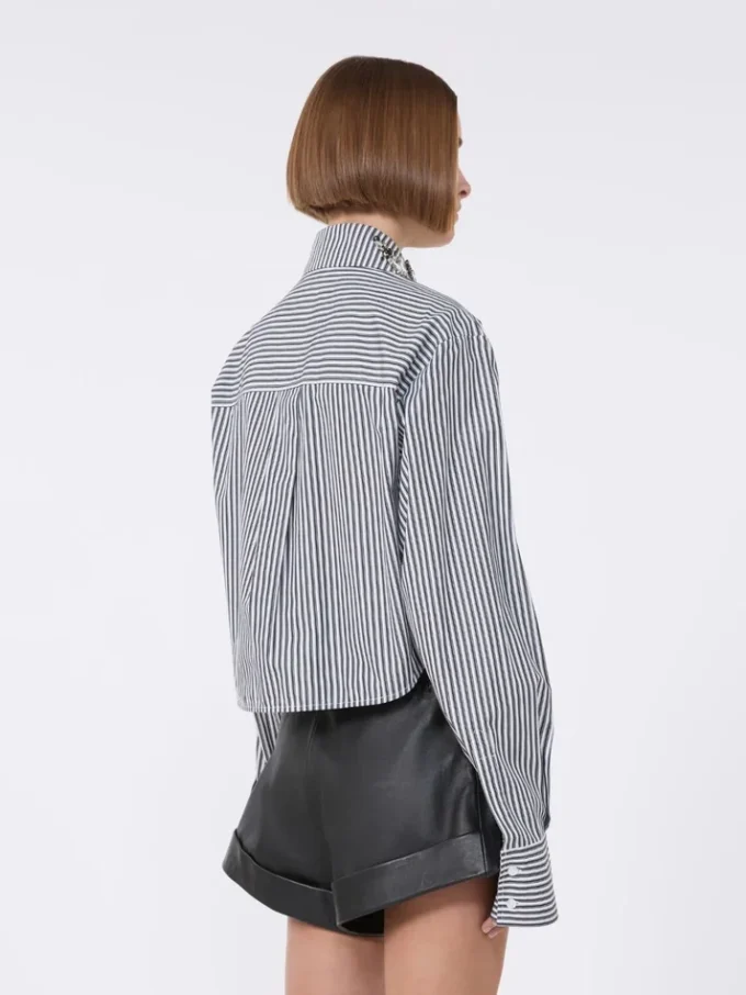 Striped poplin cropped shirt, black