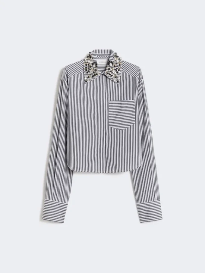 Striped poplin cropped shirt, black