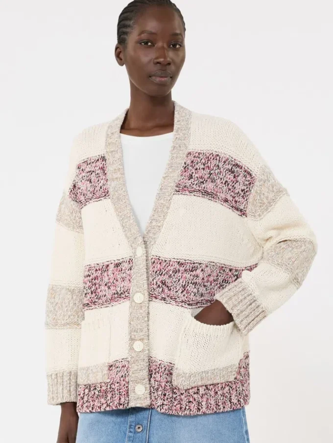 Striped wool and cotton cardigan, sand