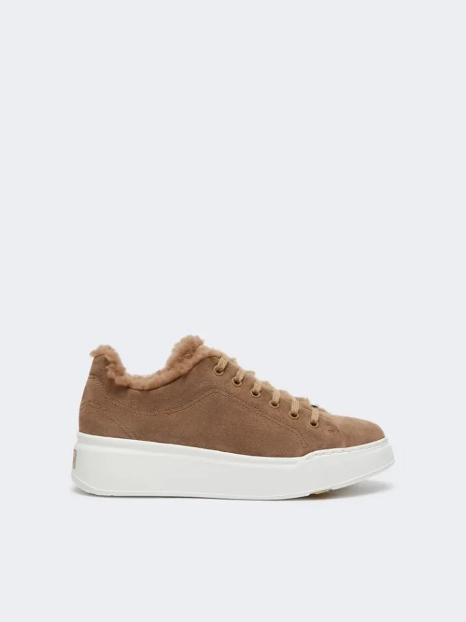 Suede and teddy fabric trainers, hazelnut brown