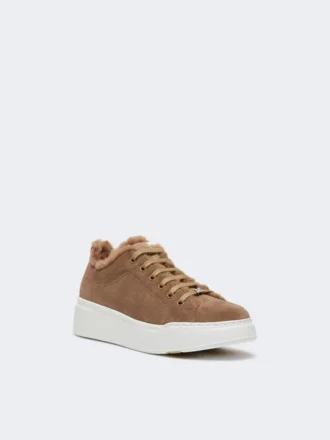 Suede and teddy fabric trainers, hazelnut brown