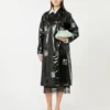 Vinyl-effect gabardine midi trench coat, black