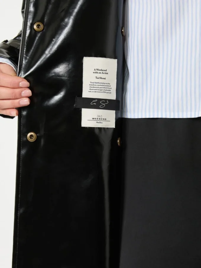 Vinyl-effect gabardine midi trench coat, black