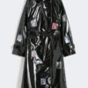 Vinyl-effect gabardine midi trench coat, black
