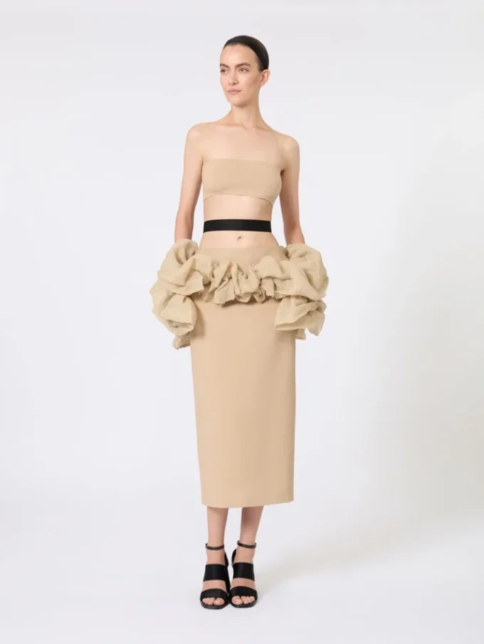 Viscose jersey midi skirt with ruffles, camel