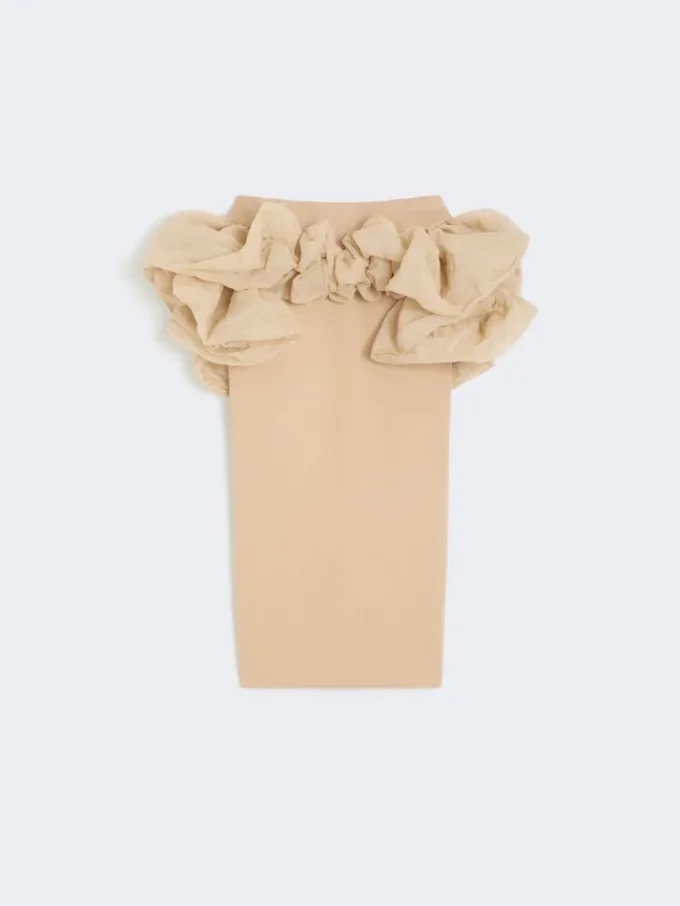 Viscose jersey midi skirt with ruffles, camel