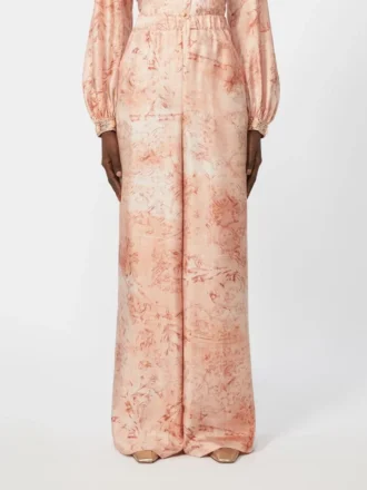 Wide-fit printed silk trousers, pink