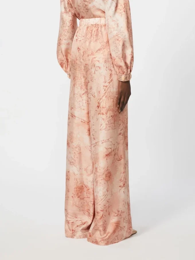 Wide-fit printed silk trousers, pink